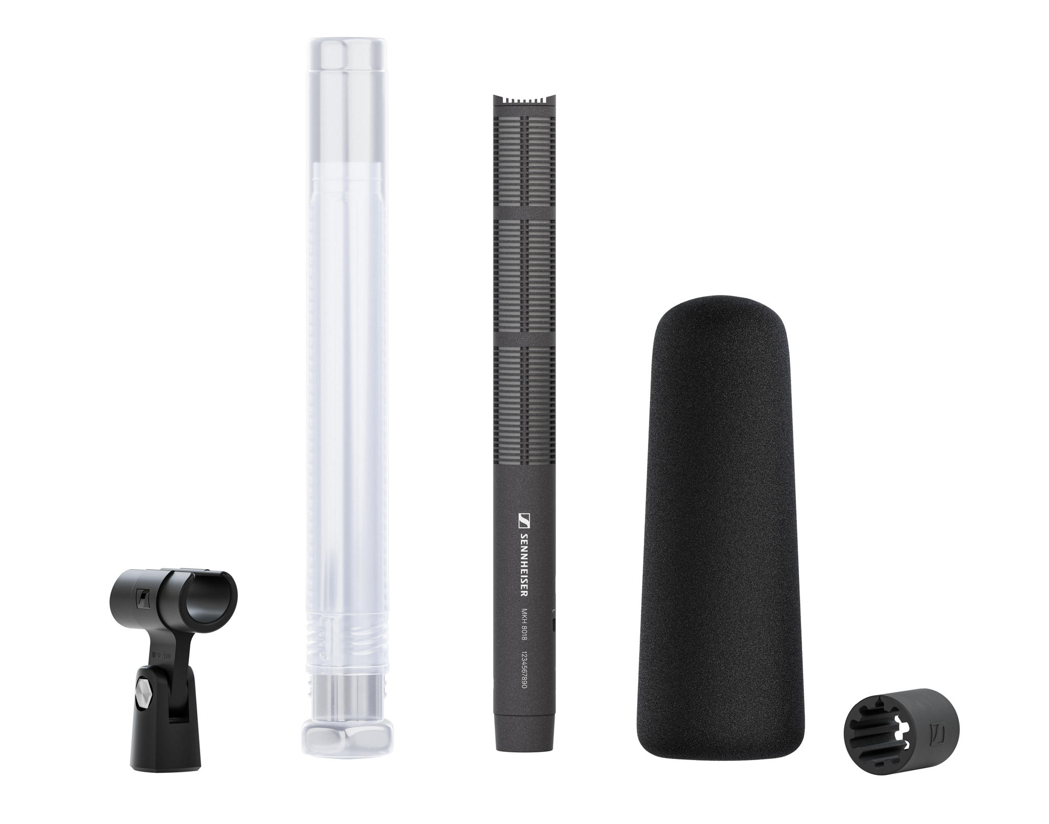 The MKH 8018 RF condenser stereo shotgun microphone is delivered complete with (from left to right) an MZQ 100 microphone clip, a threaded plastic transport tube, the MZW 8018 foam windshield and the MZR 8000, which wraps around the 8018 and securely adapts it to wider mic clips or camera mounts